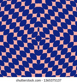 Abstract geometric seamless pattern. Vector colorful texture with ovate shapes, petals, mesh, grid. Navy blue and pink color. Funky minimal background. Pop art style. Repeat design for decor, covers