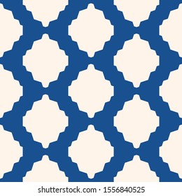 Abstract geometric seamless pattern. Vector background in blue and white color. Simple ornament with mesh, net, grid, rhombuses, diamond shapes, lattice. Elegant ornamental texture. Ethnic style 