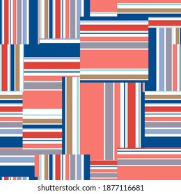 Abstract geometric seamless pattern. Vector with bright, vertical and horizontal stripes in trending colors, Snorkel Blue, Peach Echo, Iced Coffee, Lilac Gray, Rose Quartz, Limpet Shell, Fiesta