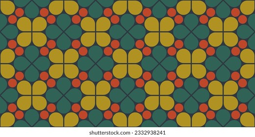 Abstract geometric seamless pattern, vector elegant color rhythmic repeating texture with floral ornament, green petals and red berries