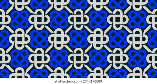 Abstract geometric seamless pattern, vector elegant color rhythmic repeating texture with white and blue Celtic ornament