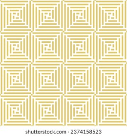 Abstract geometric seamless pattern. Vector ornament with lines, squares, grid, repeat tiles. Simple gold and white geo texture. Stylish modern golden background. Design for decor, print, wrapping