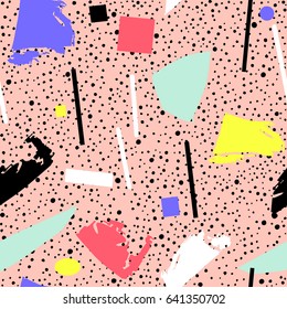 Abstract geometric seamless pattern in vector with colorful dots, smears and geometric shapes