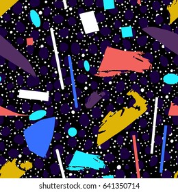 Abstract geometric seamless pattern in vector with colorful dots, smears and geometric shapes