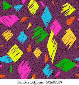 Abstract geometric seamless pattern in vector with colorful dots, smears and geometric shapes on purple isolated background