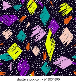 Abstract geometric seamless pattern in vector with colorful dots, smears and geometric shapes on black isolated background