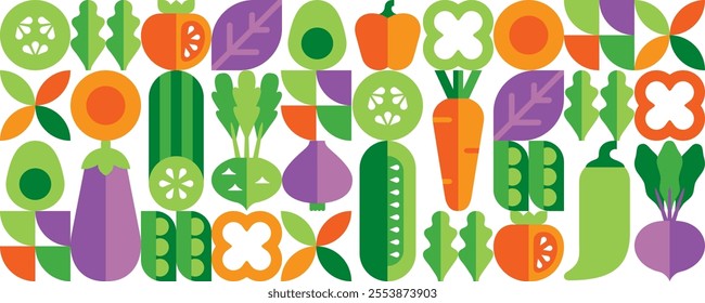 Abstract geometric seamless pattern with vegetables. Organic food. Set of simple icons in flat bauhaus style. Elements isolated on white background. Vector illustration.