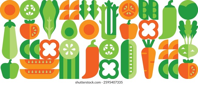 Abstract geometric seamless pattern with vegetables. Set of simple modern icons in flat bauhaus style. Organic food. Elements isolated on white background. Vector illustration.