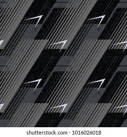 Abstract geometric seamless pattern with vertical fading lines, tracks, halftone stripes. Extreme sport style illustration, urban art. Stock vector.