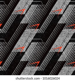 Abstract geometric seamless pattern with vertical fading lines, tracks, halftone stripes. Extreme sport style illustration. Trendy Urban colorful backdrop. Grunge, neon texture pattern.