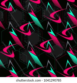 Abstract geometric seamless pattern with vertical fading lines, tracks, halftone stripes. Extreme sport style illustration. Trendy Urban colorful backdrop. Grunge, neon texture pattern.