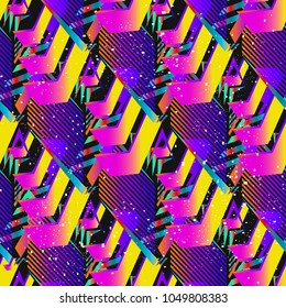 Abstract geometric seamless pattern with vertical fading lines, tracks, halftone stripes. Extreme sport style illustration. Trendy Urban colorful backdrop. Grunge, neon texture pattern.