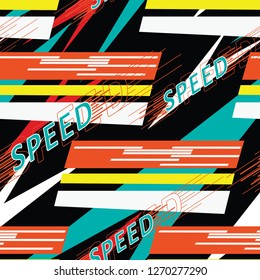 Abstract geometric seamless pattern with vertical fading lines, tracks, halftone stripes. Extreme sport style illustration. Trendy Urban colorful backdrop. Grunge, neon texture pattern.