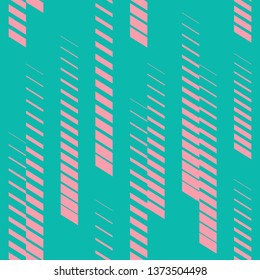 Abstract geometric seamless pattern with vertical fading lines, tracks, halftone stripes. Trendy vector background in bright neon colors, turquoise and pink. Sport style texture. Digital urban art