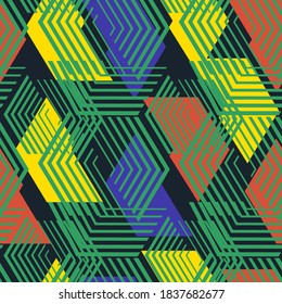 Abstract geometric seamless pattern with vertical fading lines, tracks, halftone stripes. Extreme sport style illustration. Trendy Urban colorful backdrop. Grunge, neon texture pattern.