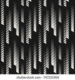 Abstract geometric seamless pattern with vertical halftone lines, tracks, stripes. Extreme sport style illustration, hipster fashion design. Monochrome graphic texture, black and white. - Stock vector