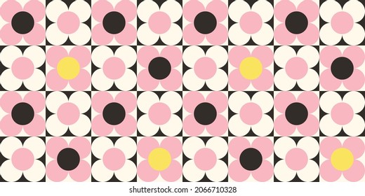 Abstract geometric seamless pattern. Vintage vector illustration with abstract flowers, circles and squares. 60s, 70s, hippie concept