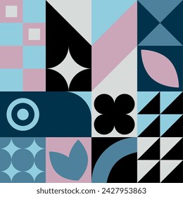 Abstraktes geometrisches nahtloses Muster. Vintage, Retro-Poster mit rosa, blauen, weißen und schwarzen Farben. Präsentation, quadratisches Fliesendesign mit einfachen geometrischen Objekten.