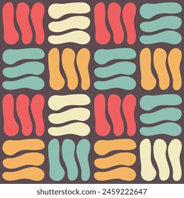 Abstract geometric seamless pattern vintage 60s 70s style. Retro square template, endless background with colorful wavy shapes. Repeat vector illustration. Checkered gingham texture