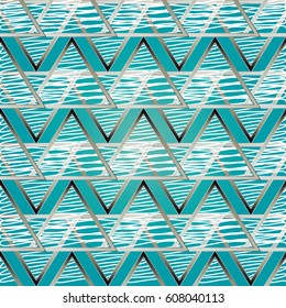 Abstract geometric seamless pattern  with vintage artistic calligraphic white tracery line art ornaments , zigzag, triangles and geometrical figures. Blue background. 