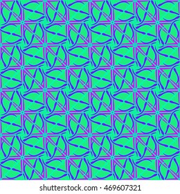 Abstract geometric seamless pattern in violet, green and blue colors.
