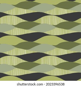 Abstract geometric seamless pattern with wave horizontal stripe pattern dark green ,green, light green, grey background.