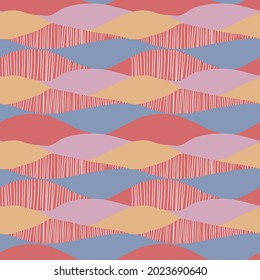 Abstract geometric seamless pattern with wave horizontal stripe pattern pink , orange, red, grey background.