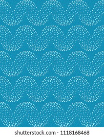 Abstract Geometric Seamless Pattern with Waves made of Dots. Simple Irregular Minimalist Print with White Dots and Spots Isolated on a Blue Background ideal for Fabric, Textile, Wrapping Paper.