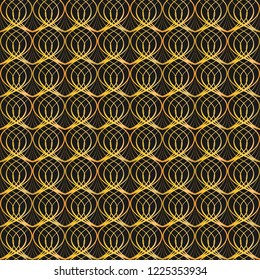 Abstract geometric seamless pattern. Wavy lines, lace. Gold on black. Vector illustration.