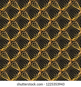 Abstract geometric seamless pattern. Wavy lines, lace. Gold on black. Vector illustration.