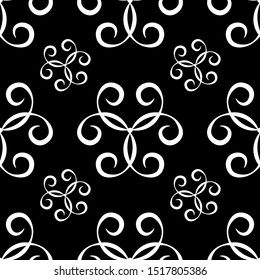 Abstract geometric seamless pattern with white ormament on dark background. Template design for web page, textures, card, poster, fabric, textile. 