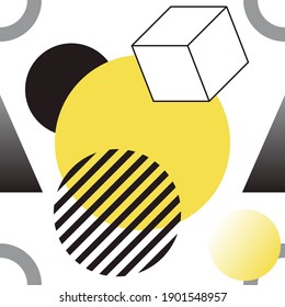 Abstract geometric seamless pattern in white, yellow and gray colors of the year 2021. Trendy geometric pattern with circles, cubes, triangles and stripes on white background. Minimalist flat style