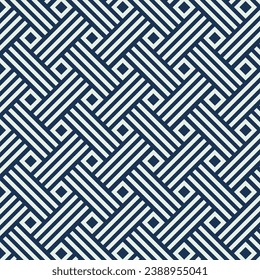 Resumen de un patrón geométrico sin costuras con líneas blancas y formas cuadradas sobre fondo azul oscuro. Diseño gráfico diagonal para impresión textil y de tela. Ilustración vectorial.