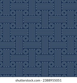 Abstract geometric seamless pattern with white lines and circle shapes on dark blue backgrounds. Graphic design for textile and fabric print. Vector Illustration.