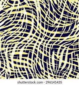 Abstract Geometric seamless pattern with white, black blue and yellow strips. Hand painted. Vector.