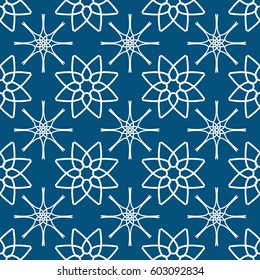 Abstract geometric seamless pattern. White isolated on blue.