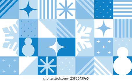 Abstract geometric seamless pattern. Winter elements and geometry shapes on blue tile background. Ornament for wrapping paper, banner, wallpaper