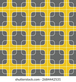 Abstract geometric seamless pattern with yellow and gray squares, Modern retro tile design with curved white lines, Modern abstract grid pattern in yellow, gray, and white
