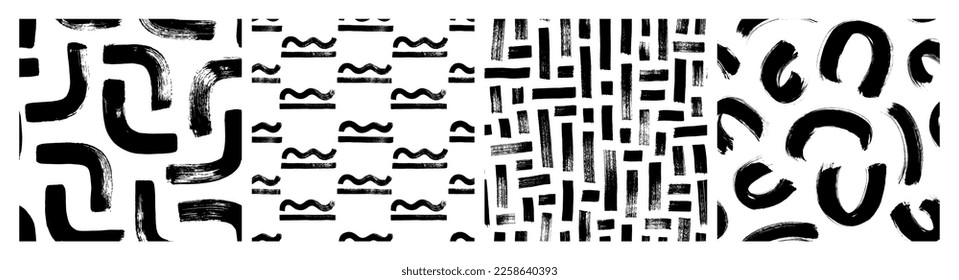 Abstract geometric seamless patterns with arches, straight lines and dashes. Collection of seamless backgrounds with curved lines. Modern vector design, hand drawn grunge black and white patterns.