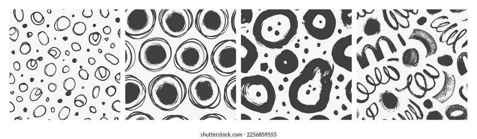 Abstract geometric seamless patterns with circles, blobs and polka dot motif. Squiggles and doodle brush strokes. Black and white vector organic wallpapers. Chaotic brush scribbles decorative textures - Shutterstock ID 2256859555