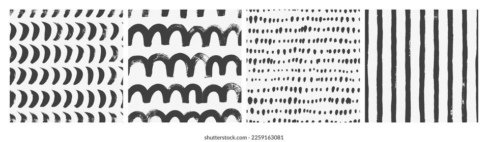 Abstract geometric seamless patterns collection. Dotted lines, curved and straight brush strokes, arches. Hand drawn ornaments with dry texture. Bold vector brushstrokes. Black and white patterns.