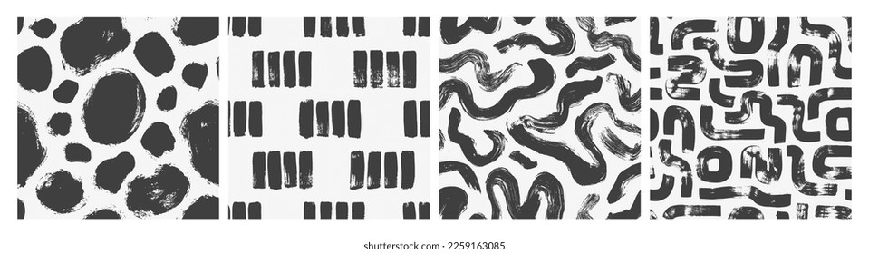 Abstract geometric seamless patterns collection. Modern stylish textures with curved lines, swirls straight brush strokes and maze motives. Bold brush strokes, grunge vector texture.