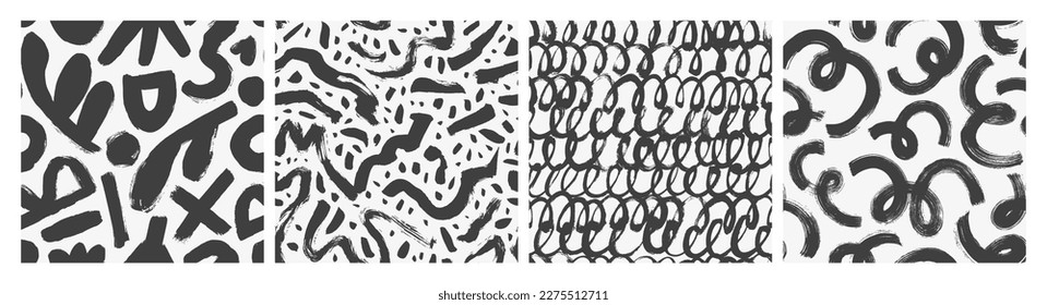 Abstract geometric seamless patterns collection. Curved lines with dots, hand drawn swirls and abstract shapes. Thick brush strokes, grunge vector monochrome textures. Modern stylish wallpapers. 