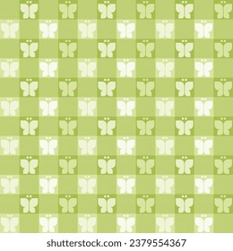 Abstract geometric seamless patterns with pixel checkered and butterfly shapes of green and white colors on a squares grid background. Vector illustration.