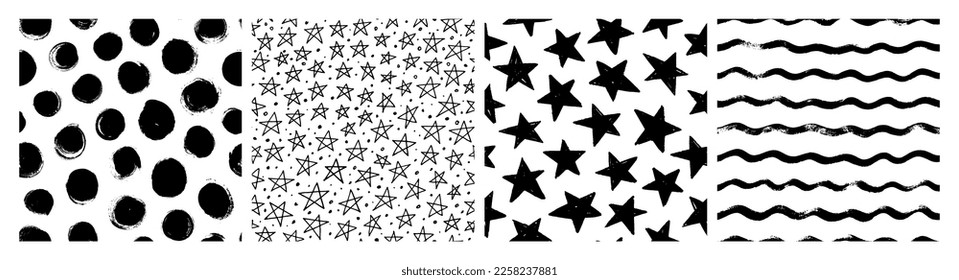 Abstract geometric seamless patterns with stars, circles and curved lines. Collection of seamless backgrounds. Modern vector trendy design, hand drawn grunge patterns. Black and white wallpapers.