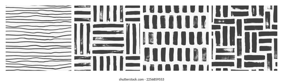 Abstract geometric seamless patterns straight brush strokes and bold lines. Hand drawn dry brush textures. Dashes, thin and thick lines. Grunge vector wallpapers. Simple geometric shapes. - Shutterstock ID 2256859553