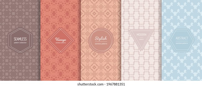 Abstract geometric seamless patterns. Vector set of stylish pastel backgrounds with elegant minimal labels. Subtle modern ornament textures. Trendy pastel color palette. Design for print, decoration