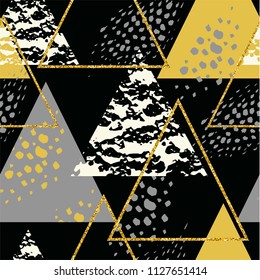 Abstract geometric seamless repeat pattern with triangles. Trendy hand drawn textures. Modern abstract design for paper, cover, fabric, interior decor and other users.