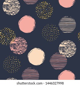 Abstract geometric seamless repeat pattern with circles. Trendy hand drawn textures. Modern abstract design for paper, cover, fabric, interior decor and other users.