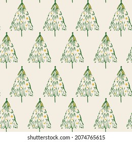 Abstract geometric seamless repeat pattern with christmas green trees on half white back. Trendy hand drawn textures. Modern abstract design for paper, cover, fabric, interior decor and other users.